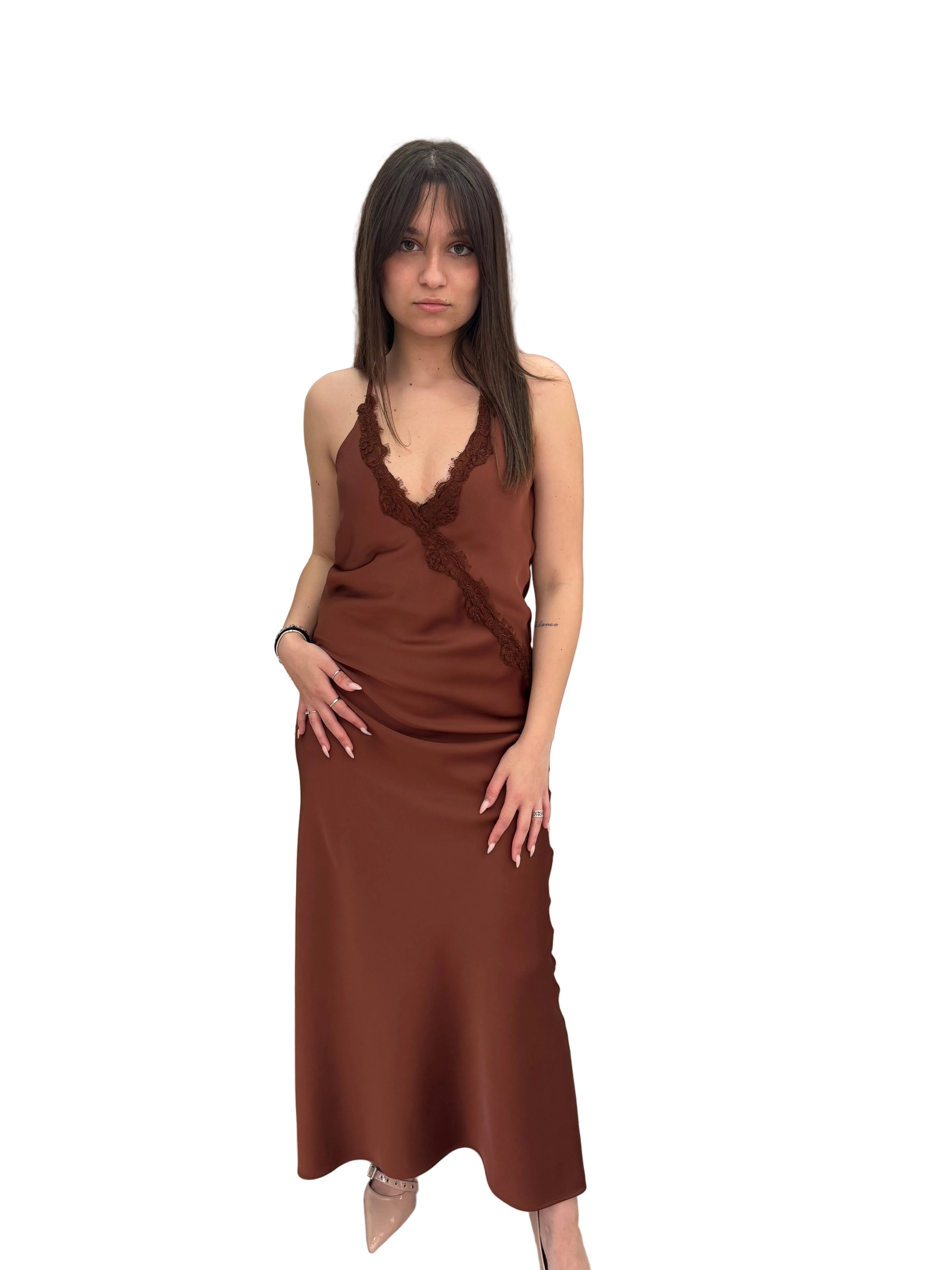 Vestito in raso ad incrocio con pizzo