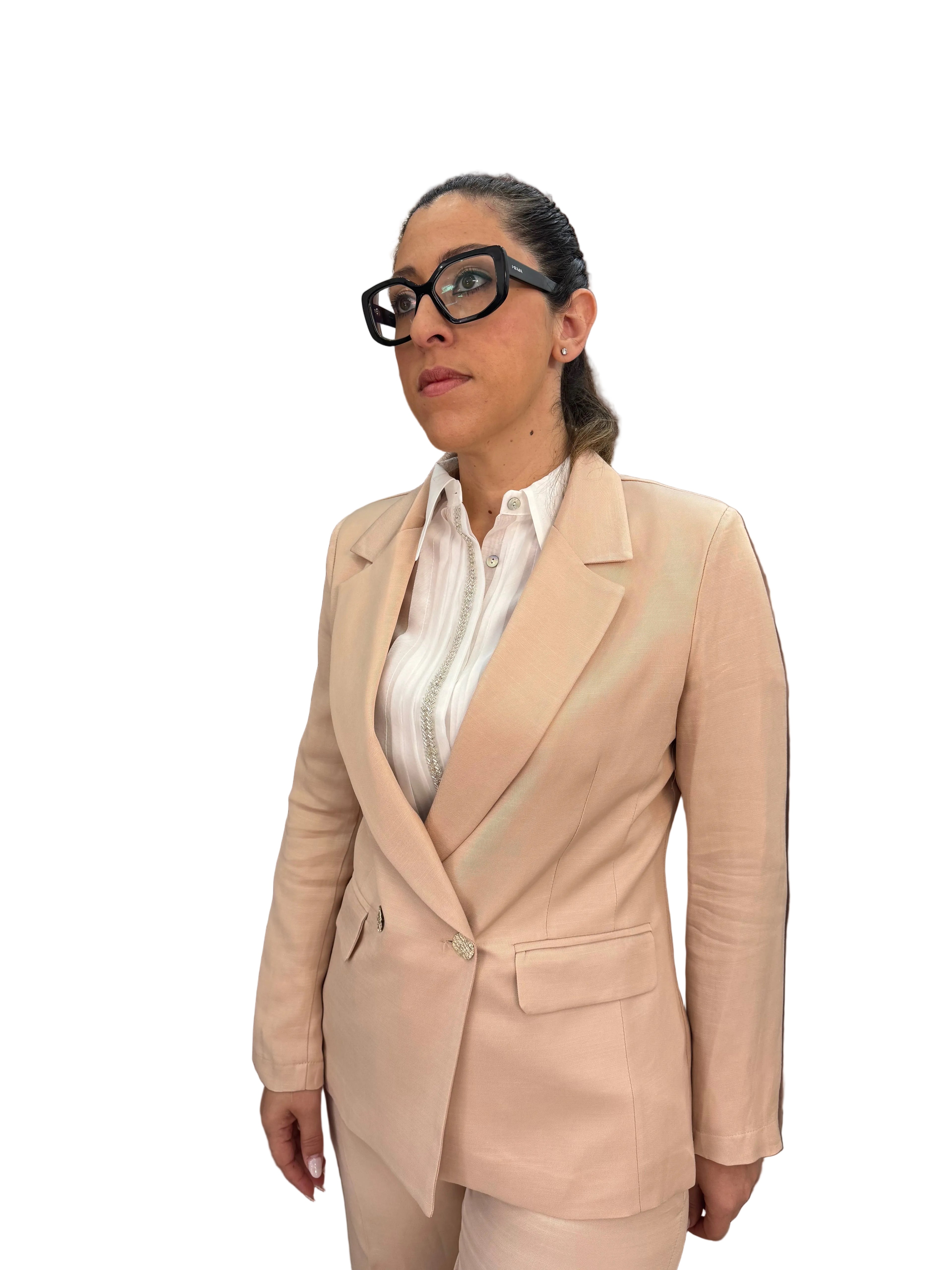 Tailleur sand doppio petto con pantapalazzo