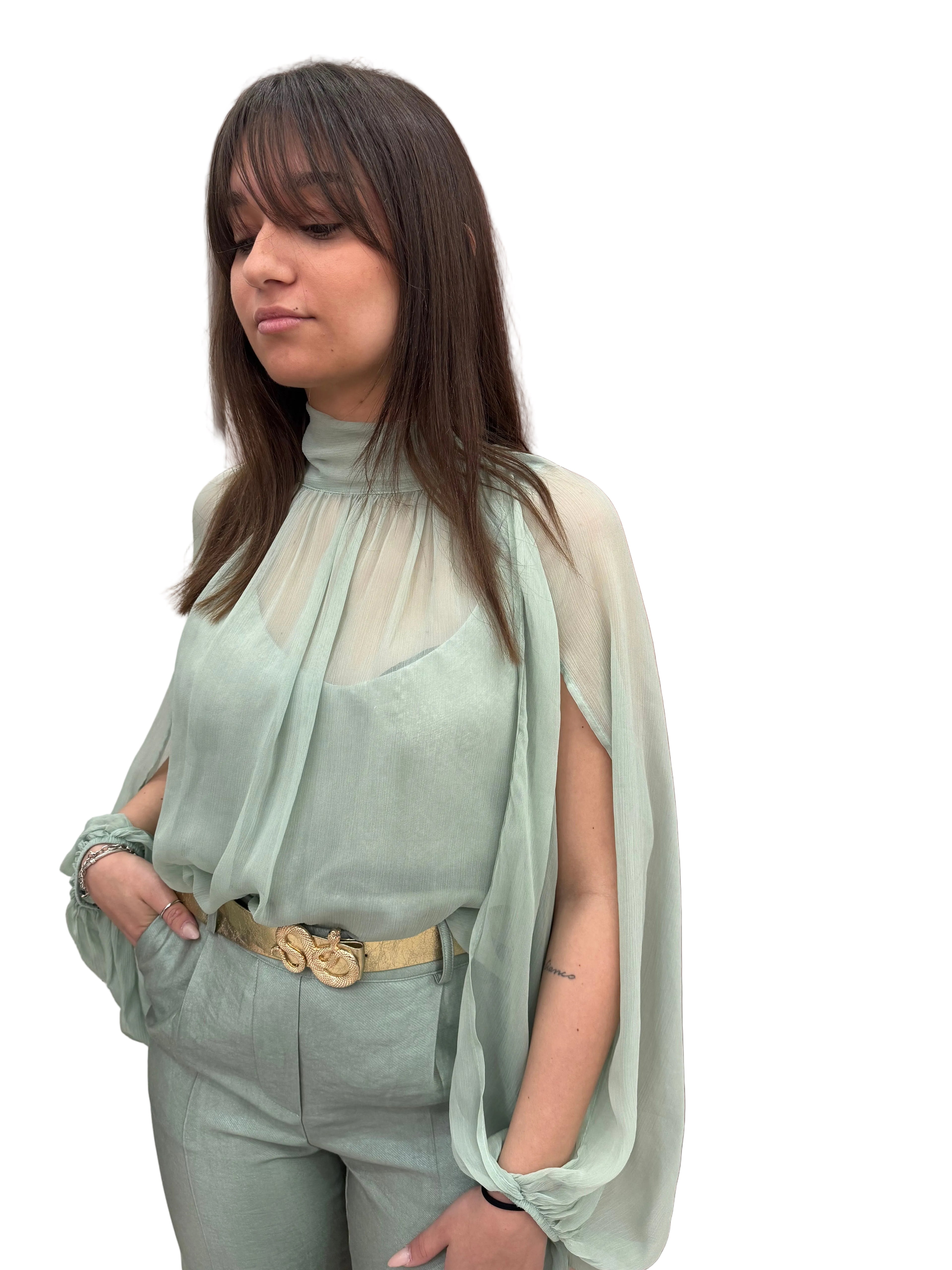 Camicia maniche aperte chiffon verde salvia