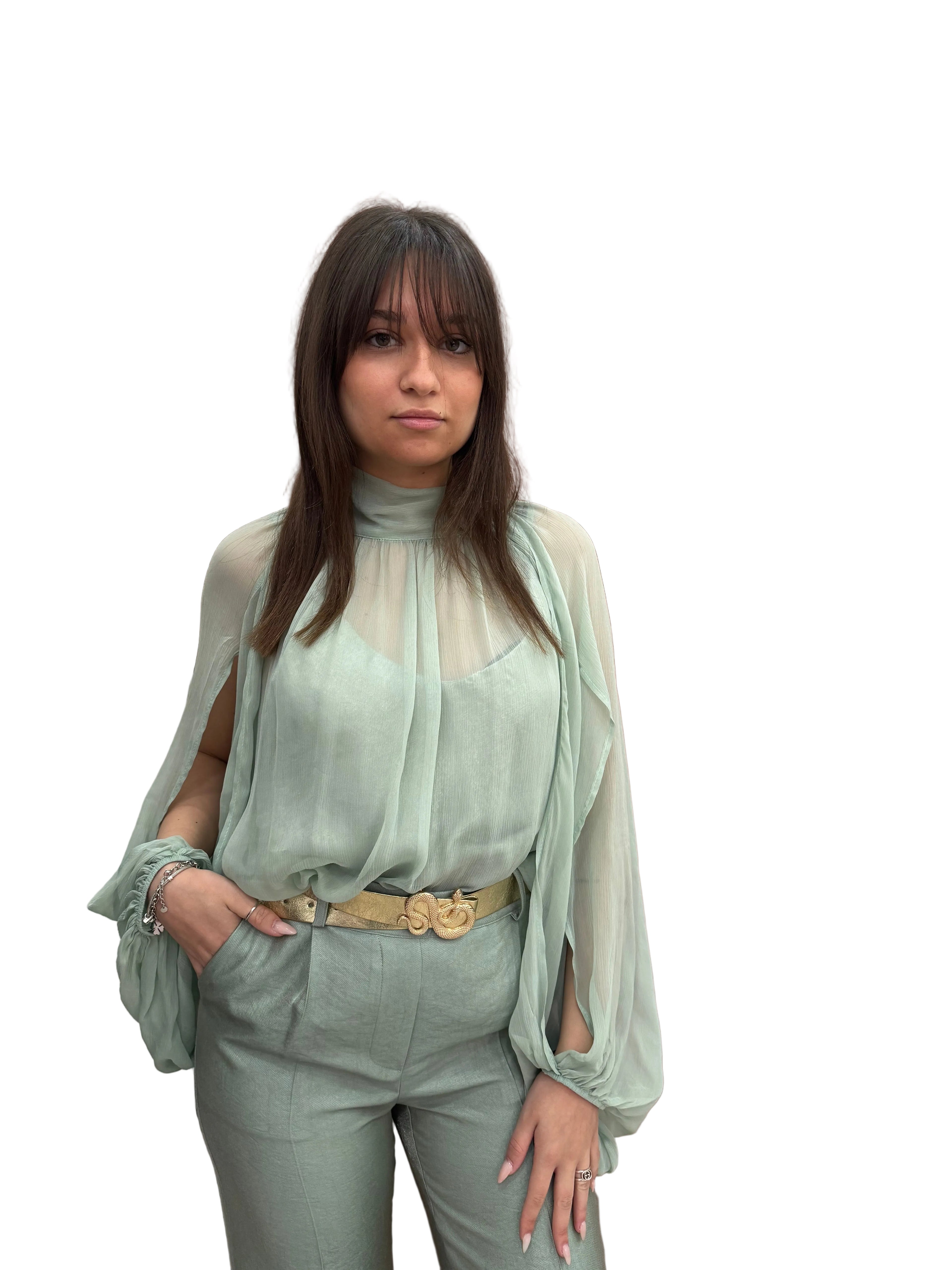 Camicia maniche aperte chiffon verde salvia